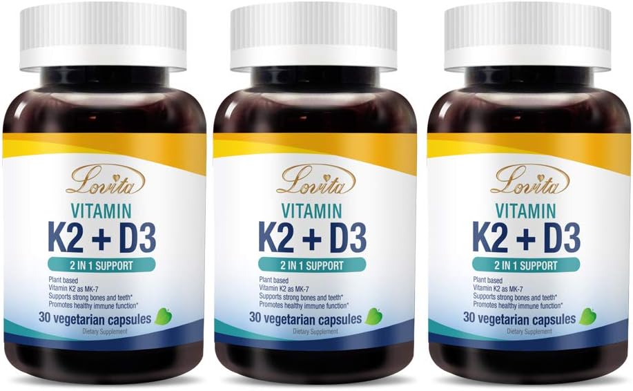Lovita 비타민 K2 + D3, 400 IU Vegan 비타민 D3 & 120 mcg 비타민 K2 (MK-7), 1개의 공식, 면역 비타민 복합체에 대하여 2는, 당신의 심장, 이 및 면역 기능, 30의 채식 캡슐 (포장 3)를 지원합니다