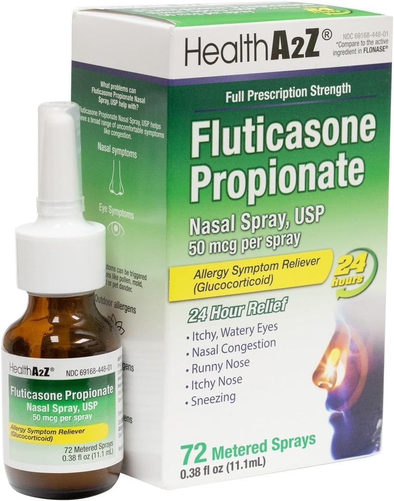 HealthA2Z® Fluticasone Propionate Nasal Spray | 스프레이 당 50 mcg | 24 시간 알레르기 완화 | 72 스프레이 | 0.38 fl oz. (11.1mL) | Nasal Decongestant | Non-Drowsy | 알레르기 완화 스프레이