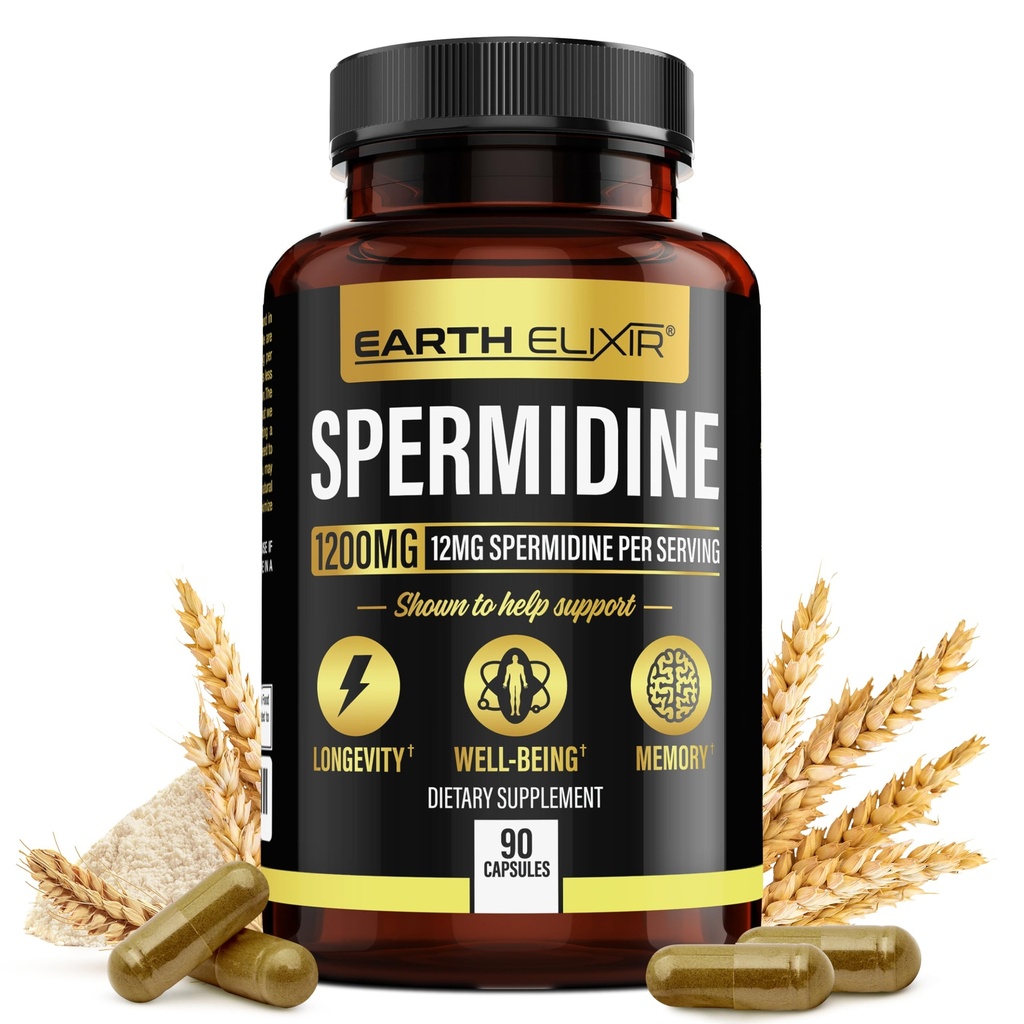 지구 Elixir spermidine는 1200mg (90 캡슐)를 보충합니다 - 노화 방지 - 3rd 당은 (12mg spermidine 분말) 최대 순수성 - 100% 순수한 Espermidina Fermented 밀 Germ 추출물 - NMN를 시험했습니다 기타 제품
