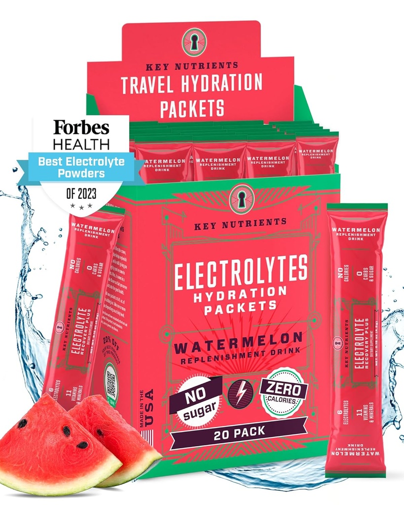 KEY NUTRIENTS Electrolytes Powder Packets - 수박 20 팩 수박 패킷 - 여행 수 분 분말 - 설탕 없음, 칼로리 없음, 글루텐 무료 - 미국에서 만든