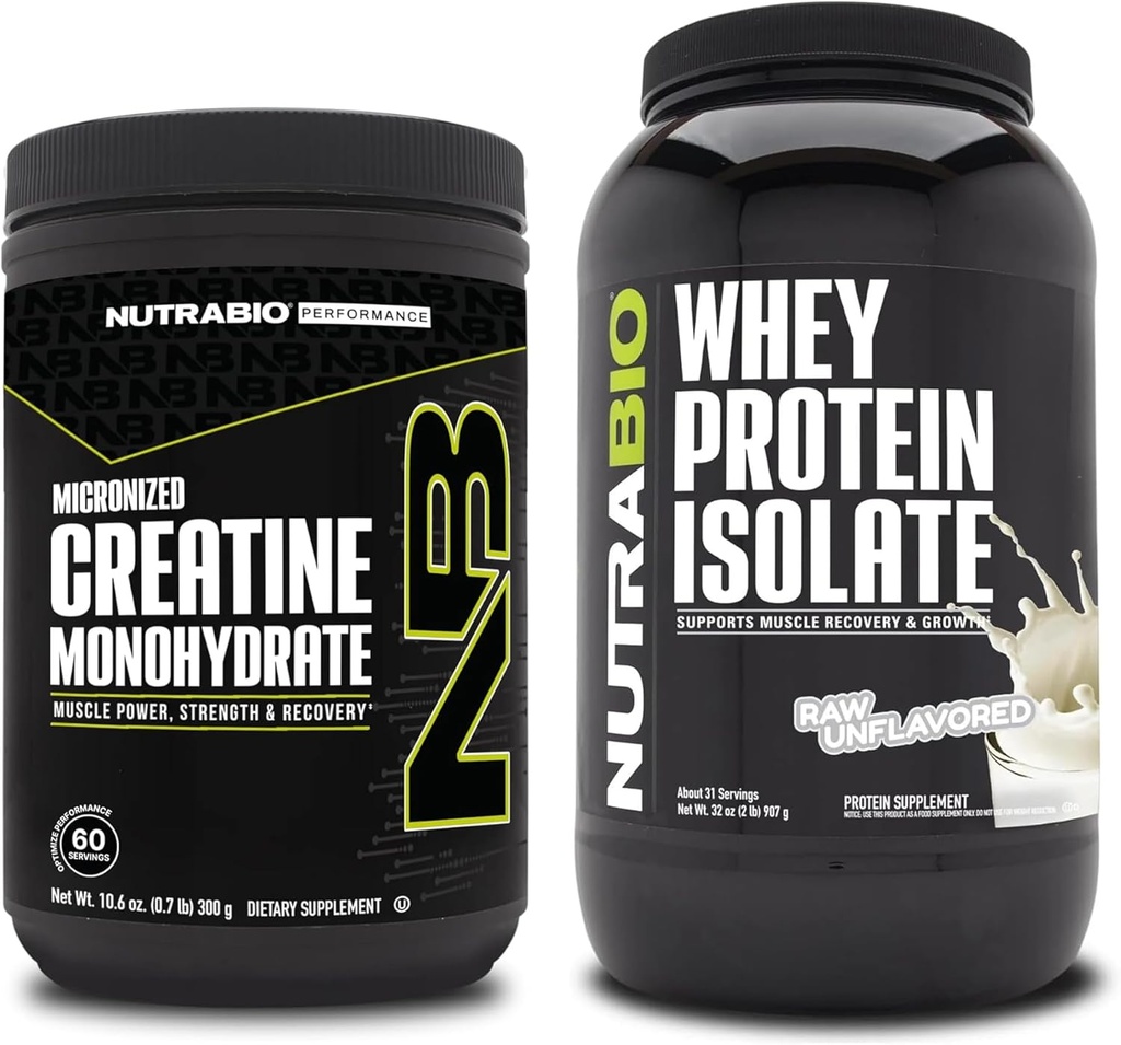 NutraBio Creatine Monohydrate, Unflavored, 300g 및 Whey Protein Isolate, Unflavored, 보충 번들 - 근육 에너지, Lean 근육 성장, 회복 및 힘
