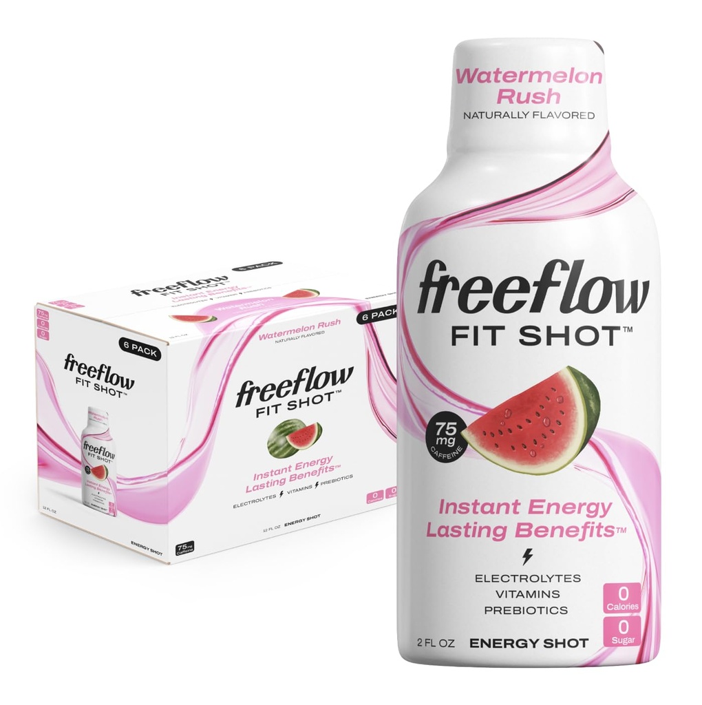 Freeflow Fit Energy Shots, Watermelon Rush, L-theanine, Ginseng, Vitamins, Prebiotics, Electrolytes (6 카운트, 2oz 샷)
