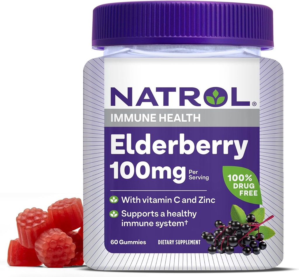 Immune 건강 지원, 60 Berry-Flavored Gummies, 30 일 공급을 위한 Natrol Elderberry 100mg Gummies