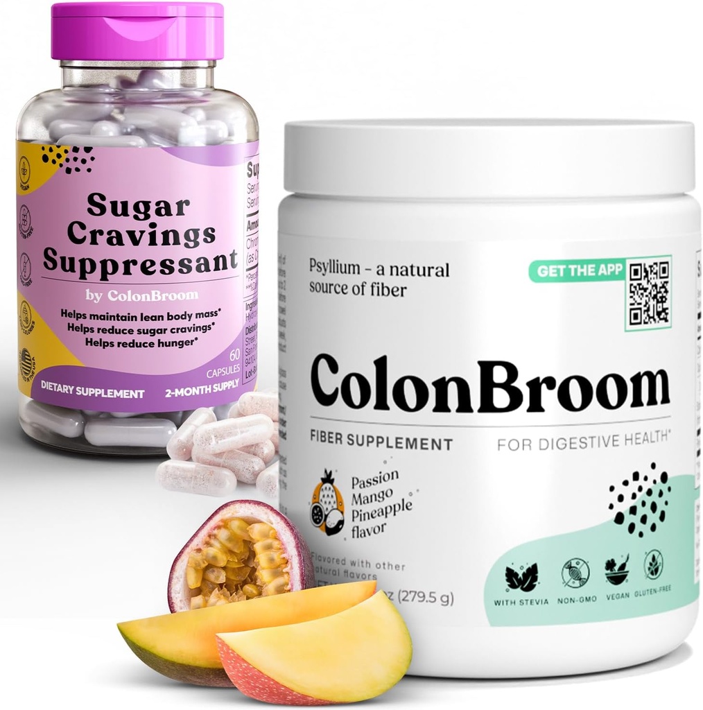 ColonBroom Psyllium Husk Powder Sugar Craving Suppressant - Chromium Picolinate 200mcg, 2 항목 - Colon Cleanser 섬유 보충 (50 서빙) + Sugar Craving Suppressant (60 서빙)