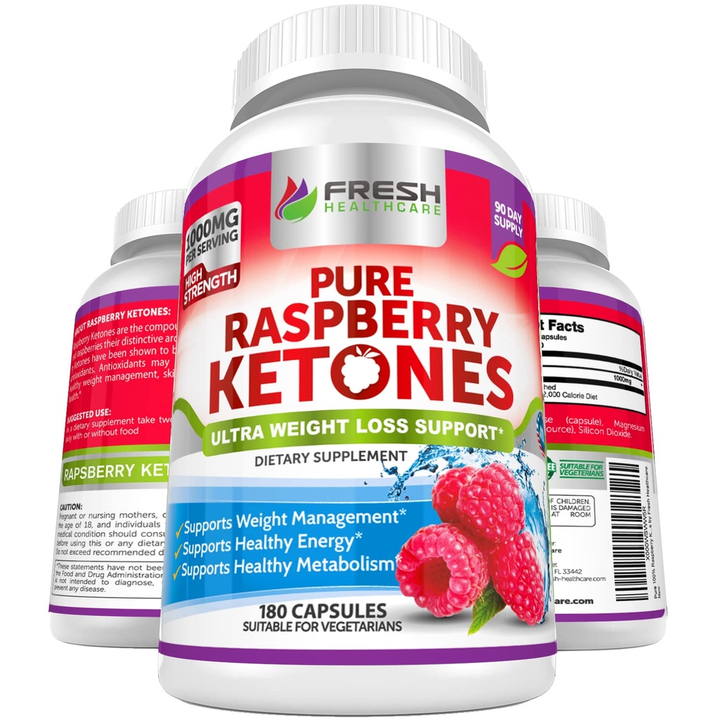 FRESH HEALTHCARE 순수 100 % 라즈베리 케톤 최대 1000mg 서빙 - 3 개월 공급 비 GMO - 고급 체중 감량 지원 - 180 캡슐