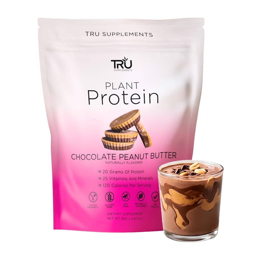 TRU는 식물에 근거한 단백질 분말, BCAA, EAA, 20g Vegan 브라운 밥 & 완두 단백질, 100개의 칼로리, 27의 비타민, 인공적인 풍미 25의 서빙 없음 (Chocolate 땅콩 버터)