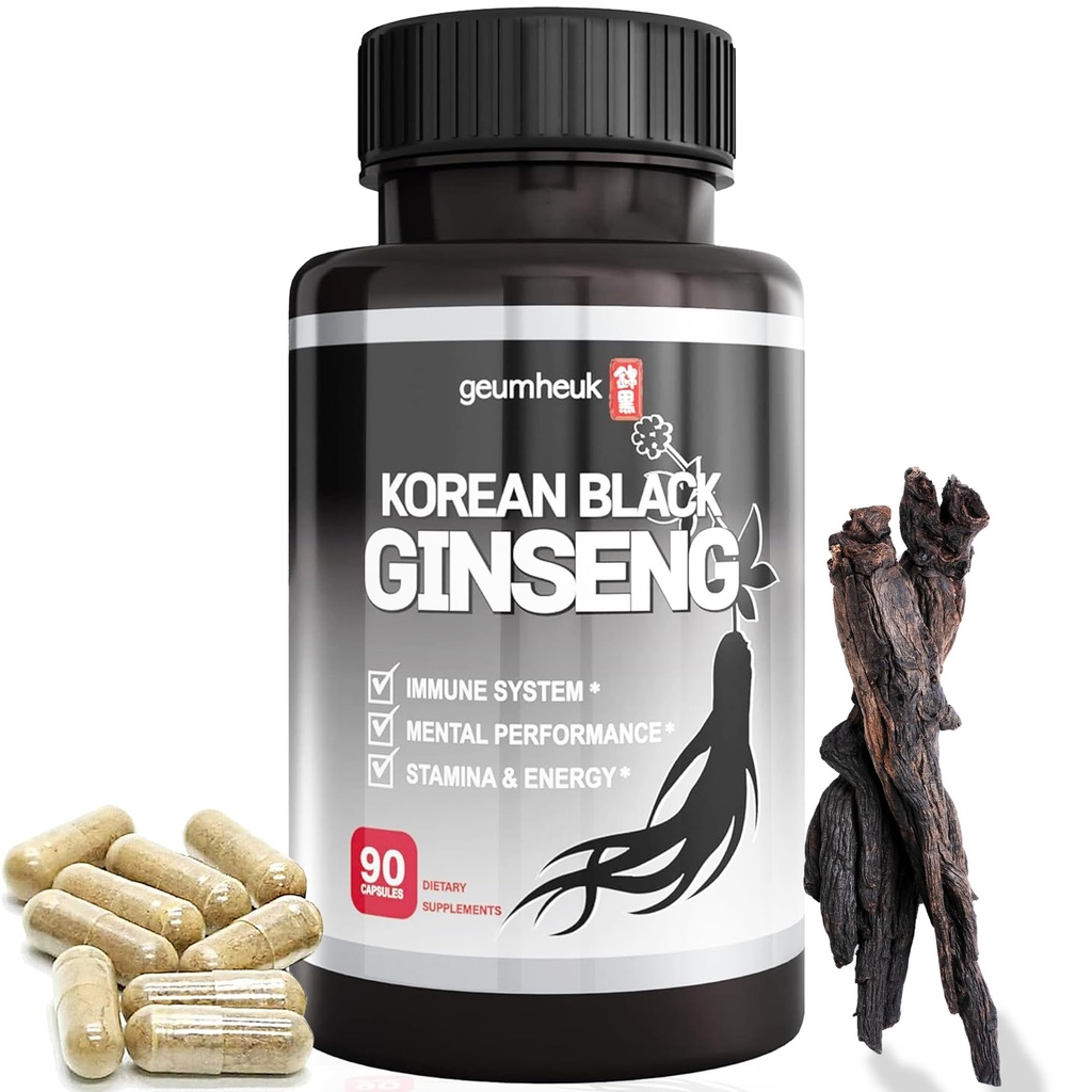 GeumHeuk 한국 검정 Panax 인삼 캡슐 1000mg - 90 Vegan 캡슐 비 GMO, 높은 Ginsenosides, 높은 흡수율, 향상된 면역성, 정신 성능, 체력 및 에너지, 남성 및 여성