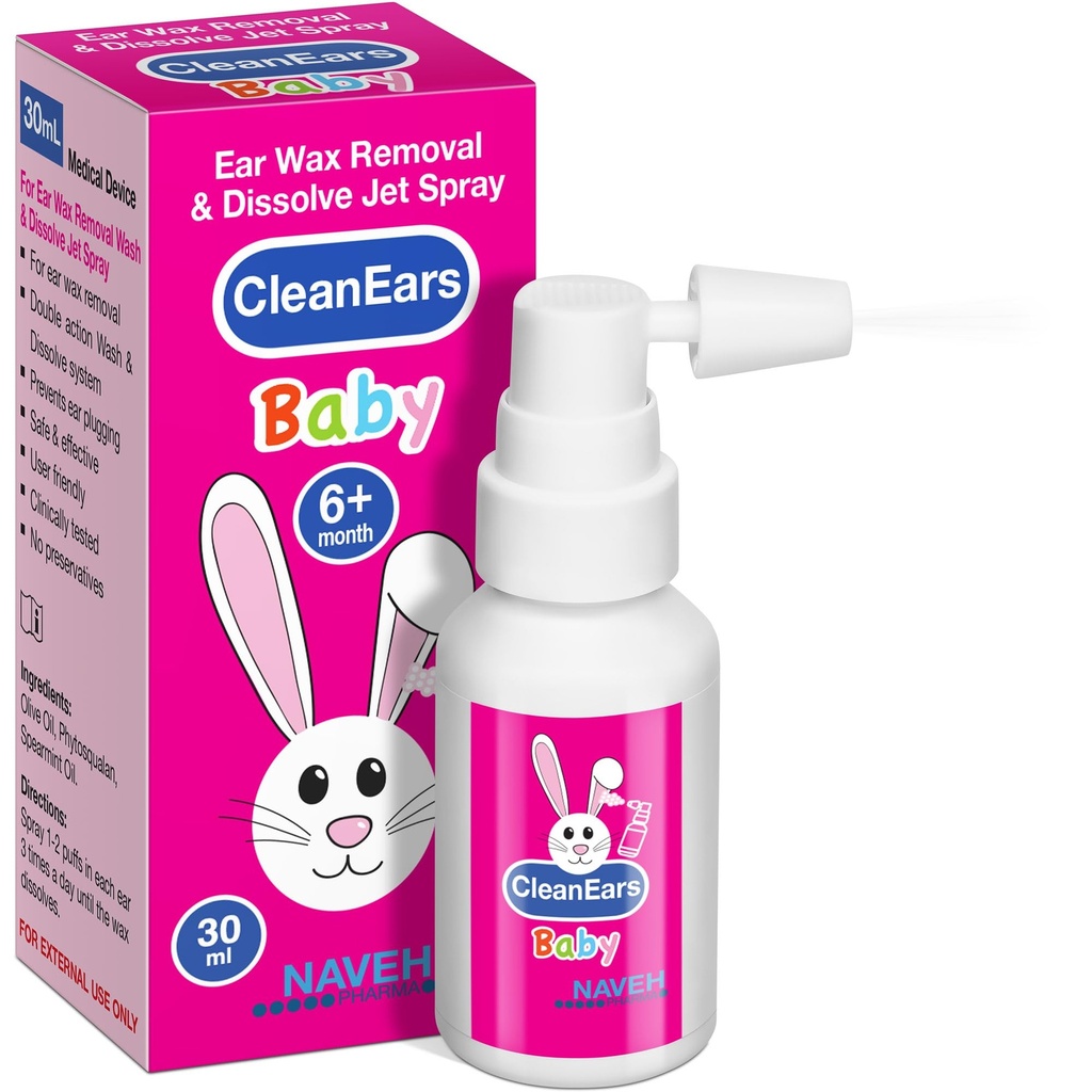NAVEH PHARMA® CleanEars Baby|빠른 행동 이어 왁스 제거 스프레이 | 끊어지며, 1개의 치료에 이어왁스를 용해 | 임상적으로 입증된 300% 더 효과적인 | 미네랄 오일, Gentle&Safe | 1개 OZ