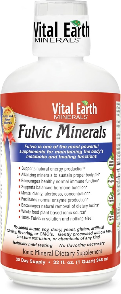 Vital Earth Minerals Fulvic Minerals Liquid - 70 + Trace Minerals와 Fulvic Acid Supplement, 에너지 및 활력을위한 전해질, 32 Oz + 1 Oz Cup