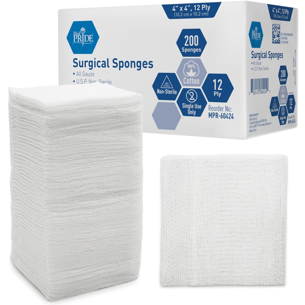 MED PRIDE 4 "x 4"Gauze, 200 외과 스폰지 12-ply 추가 흡수성 | 모든-Gauze, Non-Sterile|Wound Dressing, Prepping, Scrubbing & Cleaning에 대 한 중대한| Essential First-Aid