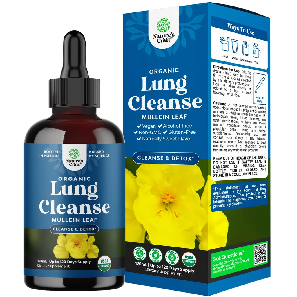 Lungs에 대한 USDA 유기 Mullein 드롭 - Marshmallow 루트 추출 및 호흡 렁 건강을위한 플래튼 리프 - Mullein 잎 Tincture Drops 호흡 지원 - 120ml
