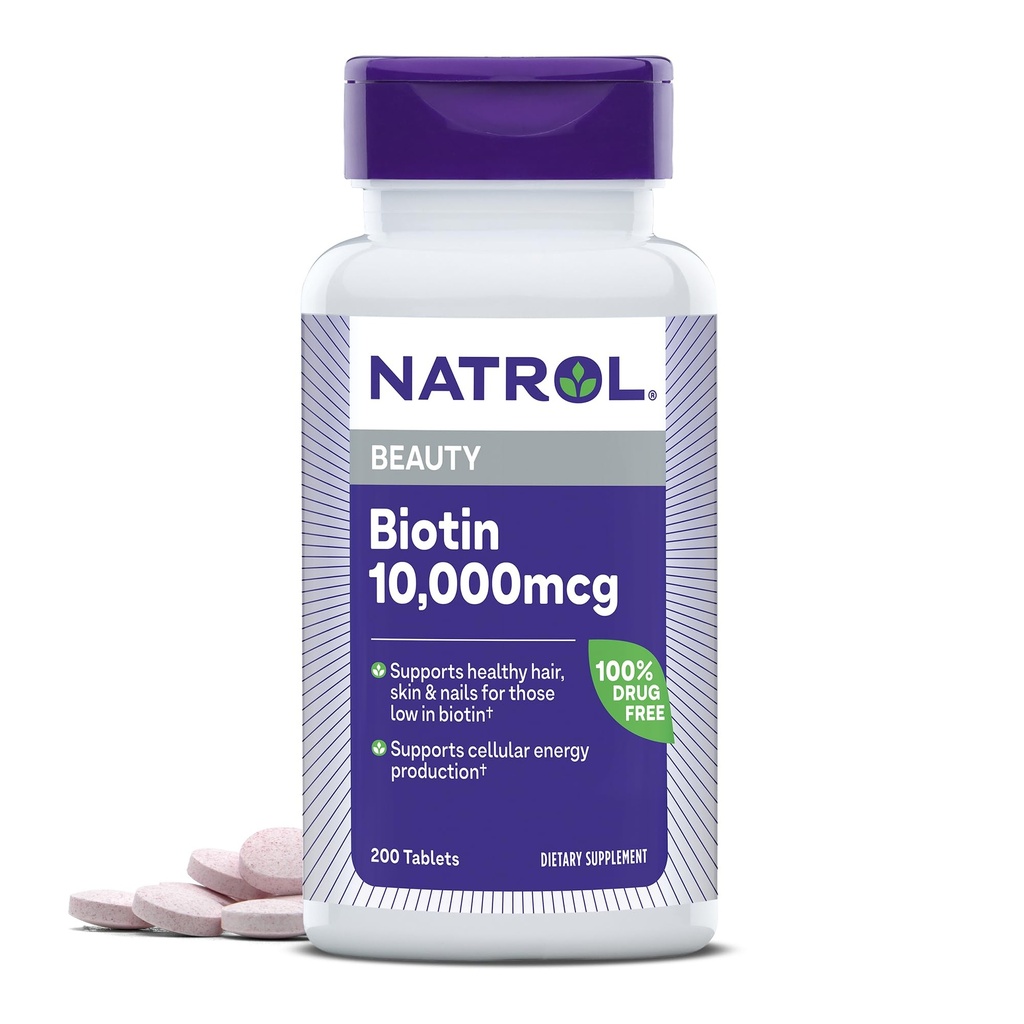 Natrol Biotin 10000mcg, 건강한 머리, 피부 및 못을 위한 보충교재 Biotin에서 저를 위한 에너지 대사 지원, 200의 정제, 200 까지 일 공급