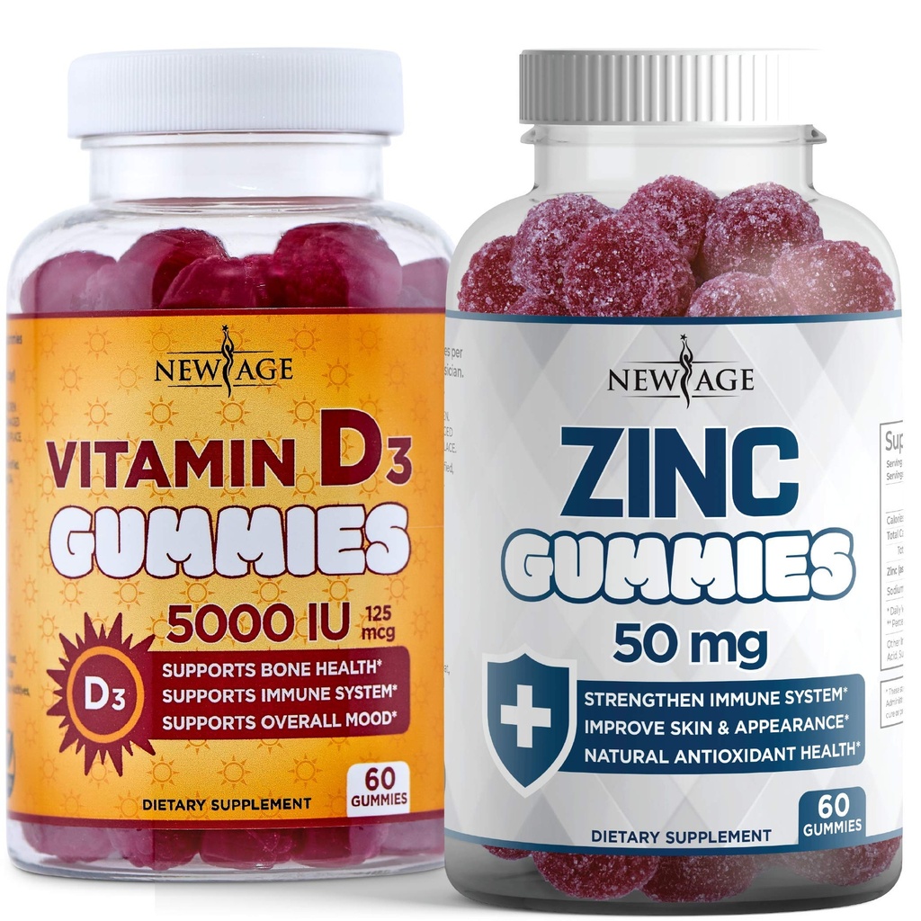 새로운 AGE 면역 방어 콤보 - 2 팩 - 비타민 D3 Gummies 5000 IU 125mcg & 높은 힘 아연 Gummies, 면역 부스터 120 조사