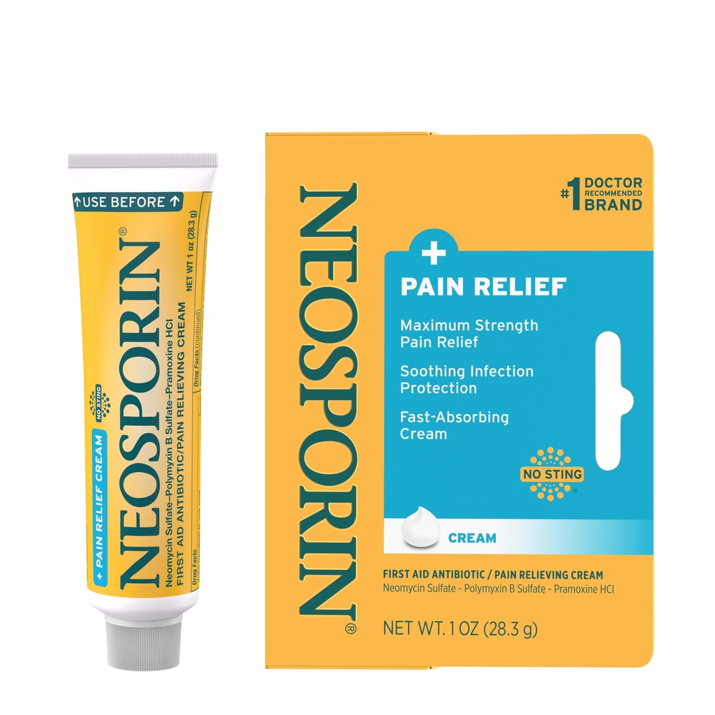 Neosporin + Max-Strength Pain Relief Dual Action Cream, Minor Cuts, Scrapes 및 Burns, Polymyxin B & Pramoxine HCl, 1 oz의 부상 치료를위한 응급 항생제 및 진통제 크림