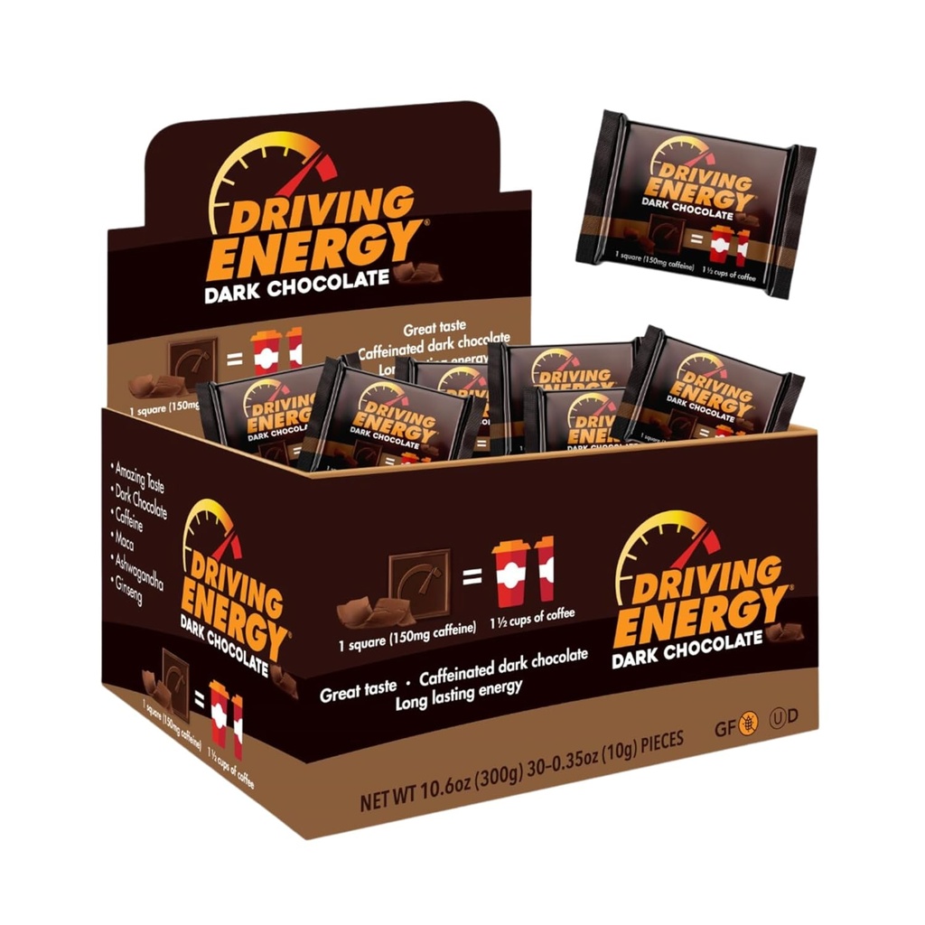 Driving Energy - Caffeinated Energy Bite Size - 다크 초콜릿 연료 150mg 카페인 - 체육관, 운동, 성인을위한 오래 견딘 - 훌륭한 맛 - 낮은 캐비 - 건강한 스낵 - 30 카운트
