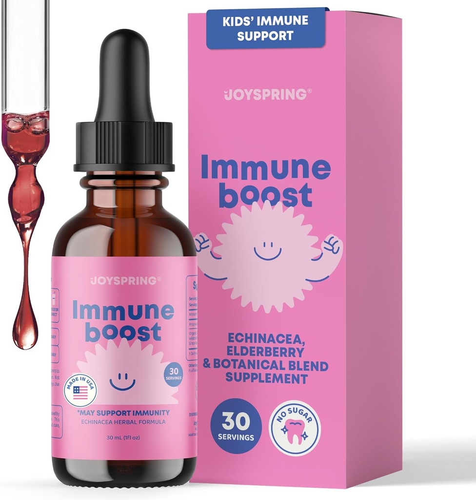 JoySpring Immune Drops - 어린이 면역 지원 보충교재 유기 Elderberry 액체, Echinacea, 오레곤 포도 뿌리 & 나이 2-16+를 위한 오렌지 껍질을 가진 (1개의 fl oz, 30의 서빙) 년 및 성인