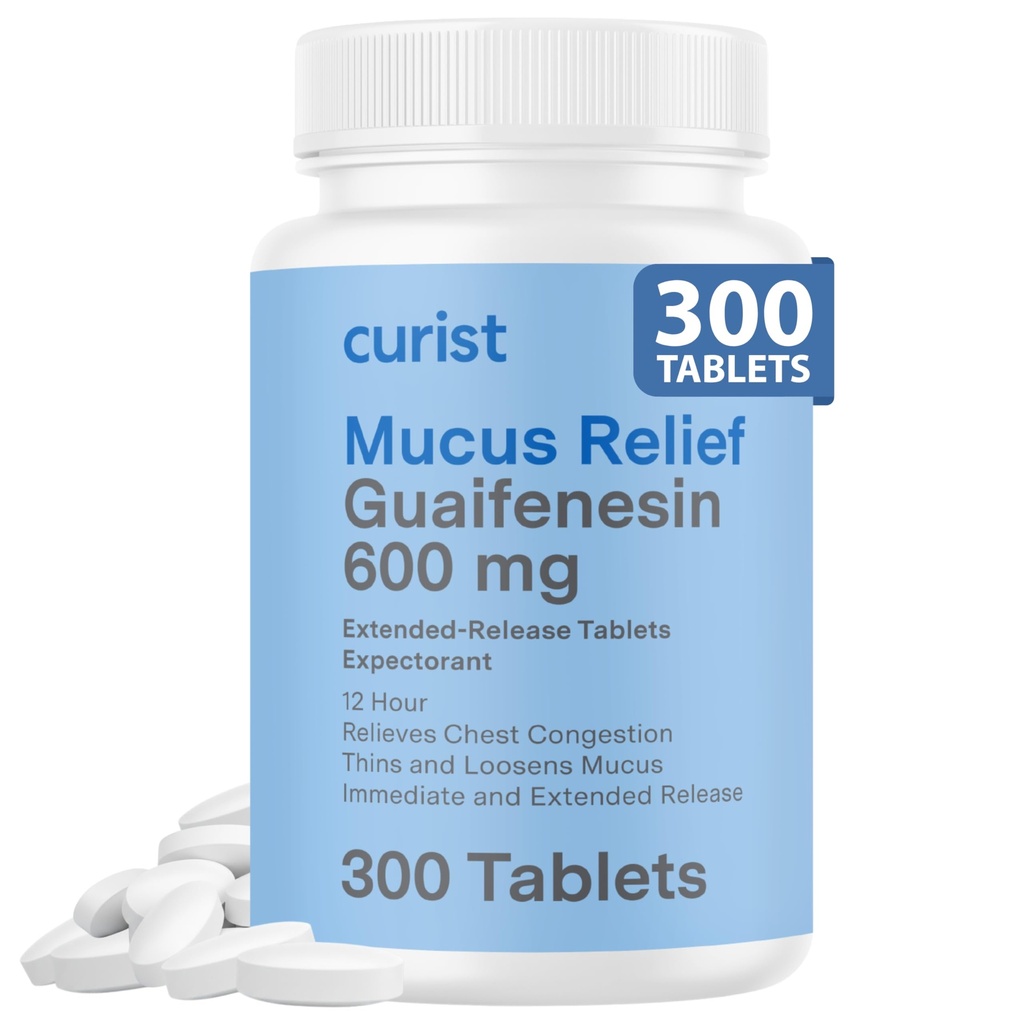 Curist Guaifenesin 600 mg 장시간 방출 정제 (300 염료 자유로운 정제) - 기대하는 Mucus 기복, 일반적인 Guaifenesin 600 mg, (Bulk 팩)