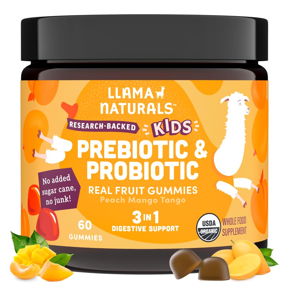 Llama Naturals Kids Probiotics with Prebiotic Fiber, Vegan, Organic Prebiotics and Probiotics Gut Health Support, Toddler Real Fruit Gummy Vitamins, 추가 설탕 지팡이, 복숭아 망고, 60 Ct