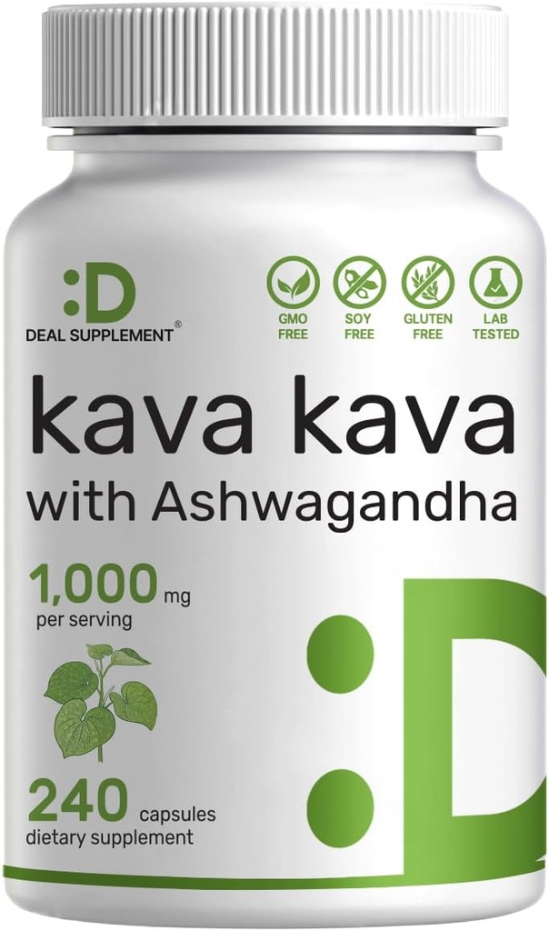 Deal Supplement Kava Kava Supplement 750mg Per 서빙, 240 캡슐, 4 개월 공급 - Ashwagandha 뿌리 분말 Kava Kava 뿌리 추출물 - Non-GMO