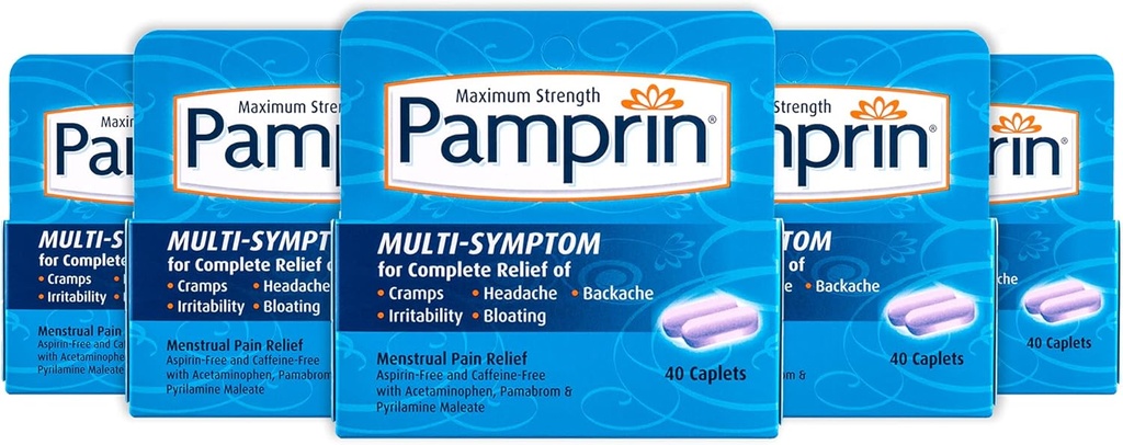 Pamprin Multi-Symptom Formula, Acetaminophen, Cramps, Pain, Irritability 및 Bloating, 40 Caplets (Pack of 5)를 포함한 생리 기간 증상 완화