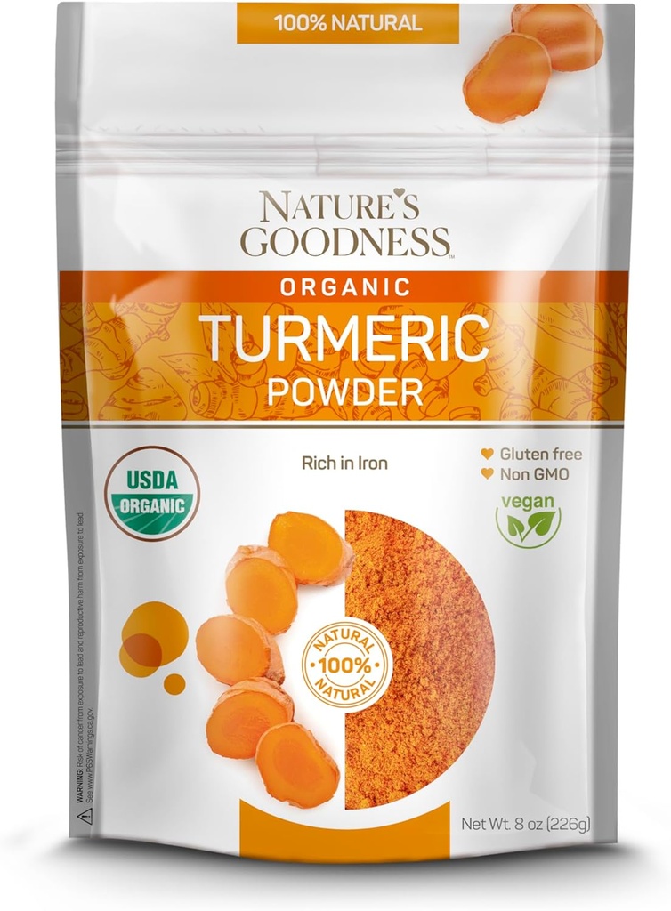 Nature 's Goodness Organic Turmeric Powder | Pure Ground Curcuma Root Spice | 비타민 및 천연 산화 방지제에서 익지않는 Vegan Turmeric Curcumin Seasoning Rich | 비 GMO 글루텐 프리 8 oz
