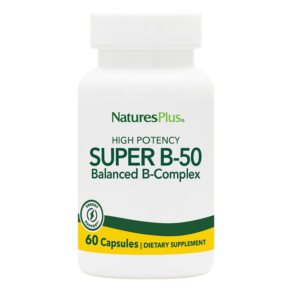 NaturesPlus 슈퍼 B50-60 채식 캡슐 - 높은 효능 B 복합 비타민 보충 - 뇌 및 에너지 부스터 - 글루텐 - 무료 60 서빙