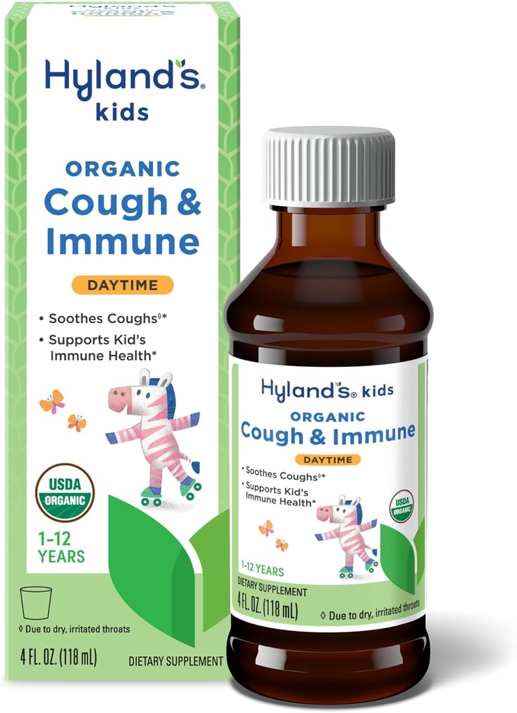 Hyland의 Kids Daytime Organic Cough Syrup and Immune Support with Agave, Elderberry 및 Pomegranate, Soothes Cough 및 Immunity 지원, 4 Fl. Oz