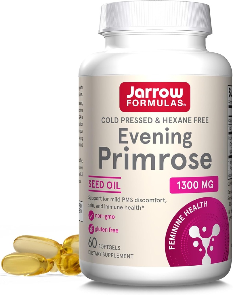 Jarrow Formulas Cold Pressed and Hexane Free Evening Primrose, Dietary Supplement, Feminine Health, 피부 및 면역 건강 지원, 60 Softgels, 60 일 공급