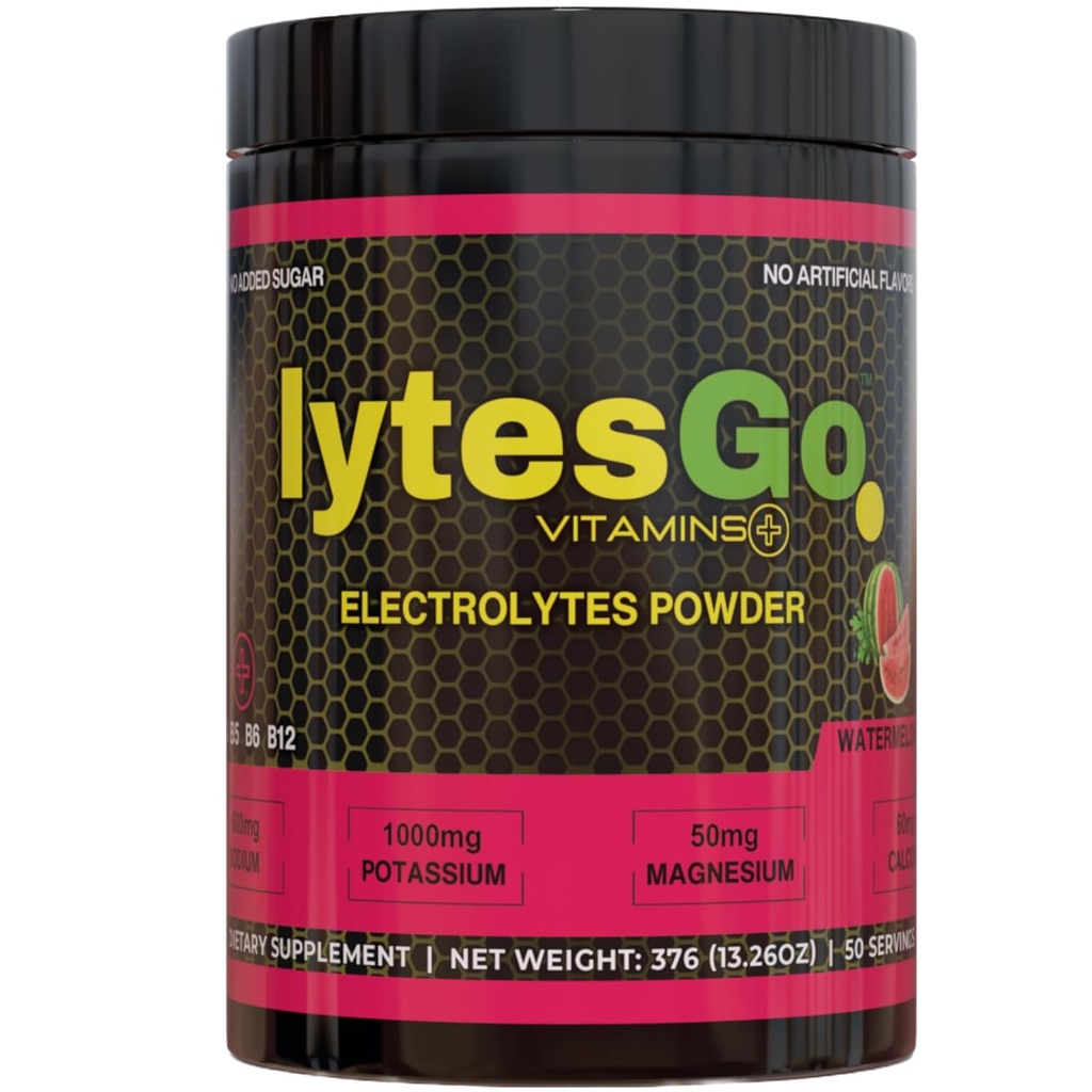 lytesGo Electrolytes Powder Hydration 음료 - 설탕 없음 - 수박 맛 - 회복을위한 전해질 분말 - 50 서빙