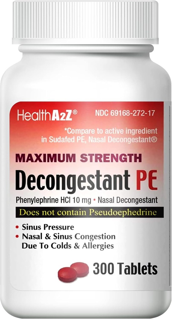 HealthA2Z® Decongestant PE | Phenylephrine HCl 10 mg | 최대 힘 | 냉간 및 알레르기로 인한 Nasal & Sinus Congestion Relief (300 개)