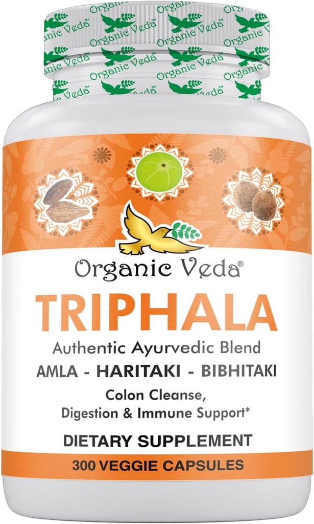 유기 Veda Triphala 분말 300 캡슐, 1000mg - 콜로라도 클렌징, 면역, Gut & 소화 건강을 위한 유기 Triphala 보충교재 - 전체적인 녹색 산화 방지제 Amla, Haritaki & Bibhitaki - Vegan 알약