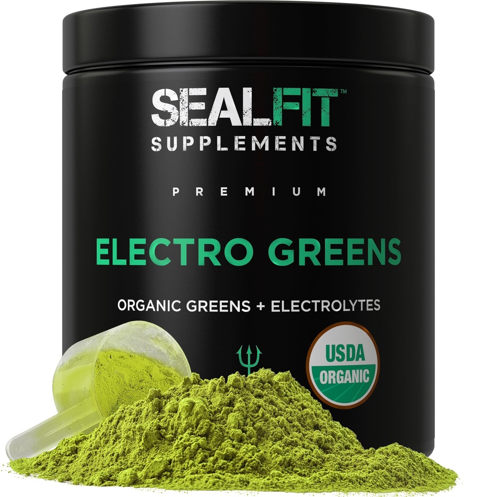 SEALFIT ElectroGreens - USDA 유기 녹색 Superfood + 전해질 분말. 25 + 에너지 및 해수를위한 슈퍼 푸드. Super Green Juice and Electrolyte Powder 이전 Navy Seal Mark Divine의 영감을 받았습니다.