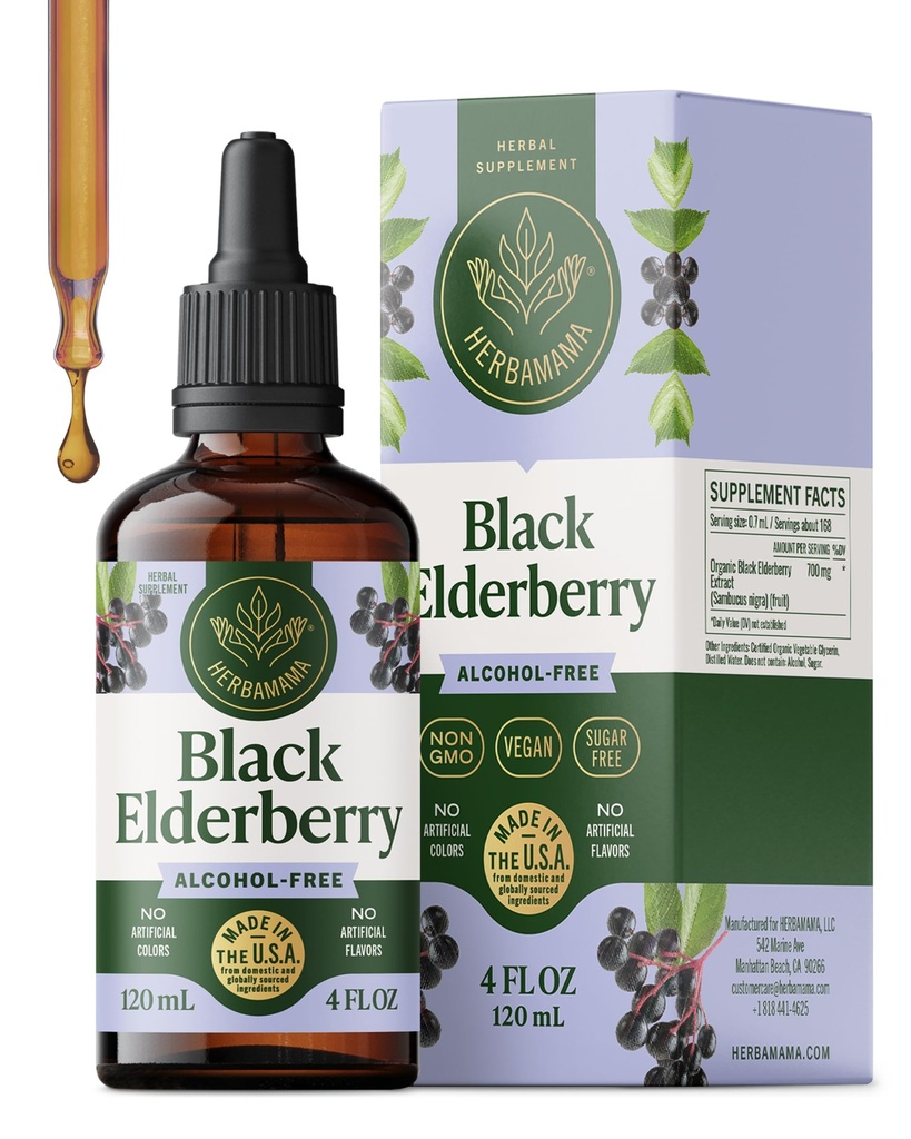 HERBAMAMA 검정 Elderberry 드롭 - 면역 지원을위한 Vegan Elderberry 액체 추출물 - 비 GMO, 알코올 및 설탕없는 면역 보충, 42 일 공급