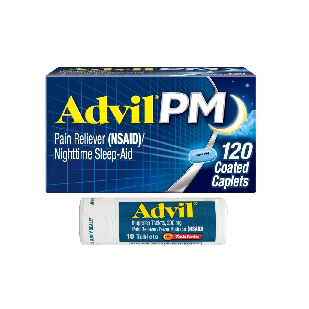 Advil PM Pain Reliever and Nighttime Sleep Aid, Ibuprofen for Pain Relief and Diphenhydramine Citrate for the Sleep Aid - 120 코팅 캡렛과 통증 Reliever and Fever Reducer, 10 카운트 태블릿