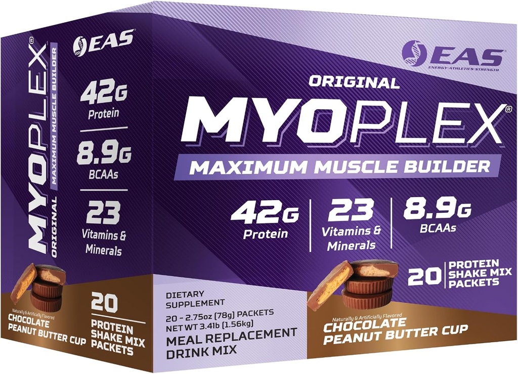 eas 본래 Myoplex 최대 근육 건축업자, 식사 보충 단백질 혼합 | 질 단백질 혼합 | 42g 단백질, 20개의 개인적인 소포 (Chocolate 땅콩 버터 컵)