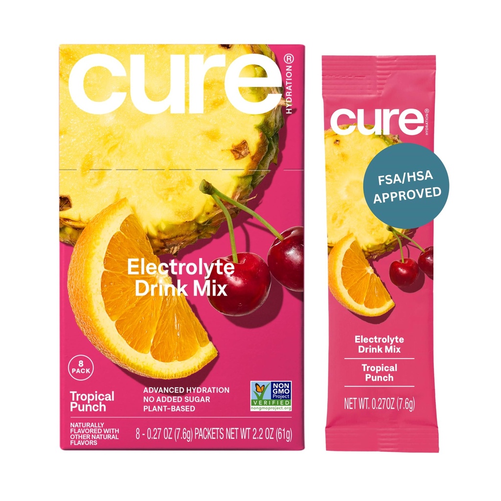 Cure Hydration | 식물 기반 전해질 음료 믹스 | 추가 설탕 없음 | 코코넛 워터로 만든 탈수 릴리프 파우더 | 비 GMO | Vegan | 8 팩트 박스 - 열대 펀치