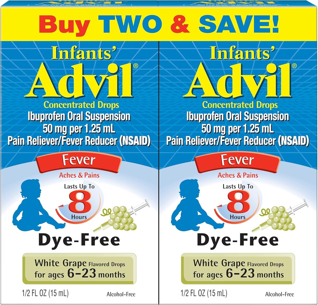 Advil Infants' Fever Reducer/Pain Reliever 염료 자유로운, 50mg Ibuprofen 집중된 하락 (백색 포도 풍미, 0.5 fl. oz. 병, 팩의 2)