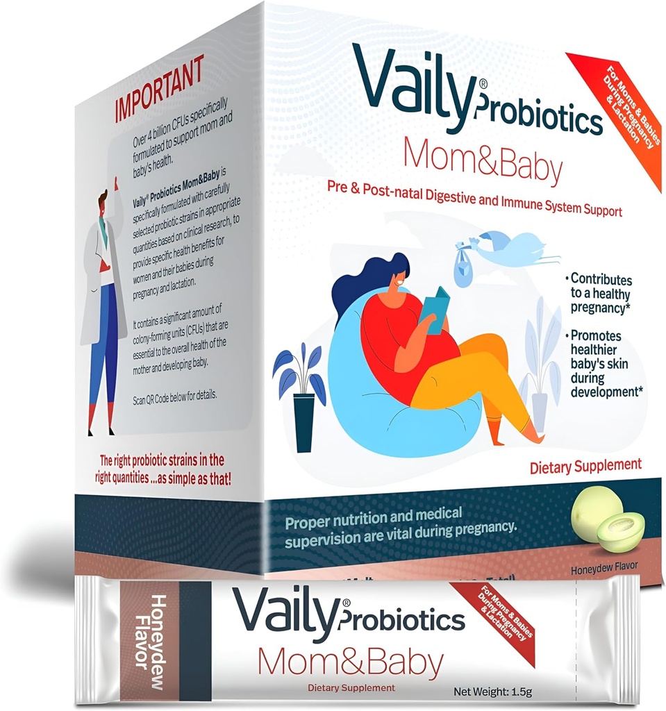 Vaily Mom & Baby Probiotic - 여성을위한 포스트 & Prenatal 비타민 Probiotics 분말 - Immune System & Digestive Health, 건강한 아기 피부 - Prenatal Essentials, 쉬운 소화 - 30 스틱