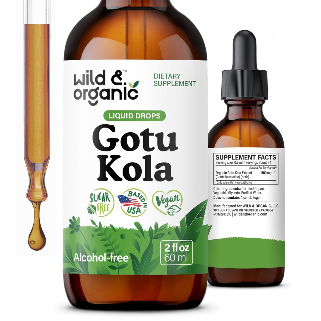 Wild & Organic Gotu Kola Herb Tincture - 두뇌 지원 - Gotu Kola Liquid Extract Drops - Vegan, Sugar & Alcohol-Free Centella Asiatica 보충 - 2 fl oz