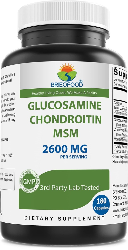 Brieofood Triple Strength Glucosamine Chondroitin MSM 2600mg/Serving 캡슐은, 건강한 합동, 연골 및 연결 조직을 지원합니다 - 합동 안락 & 융통성 180 조사를 승진시킵니다