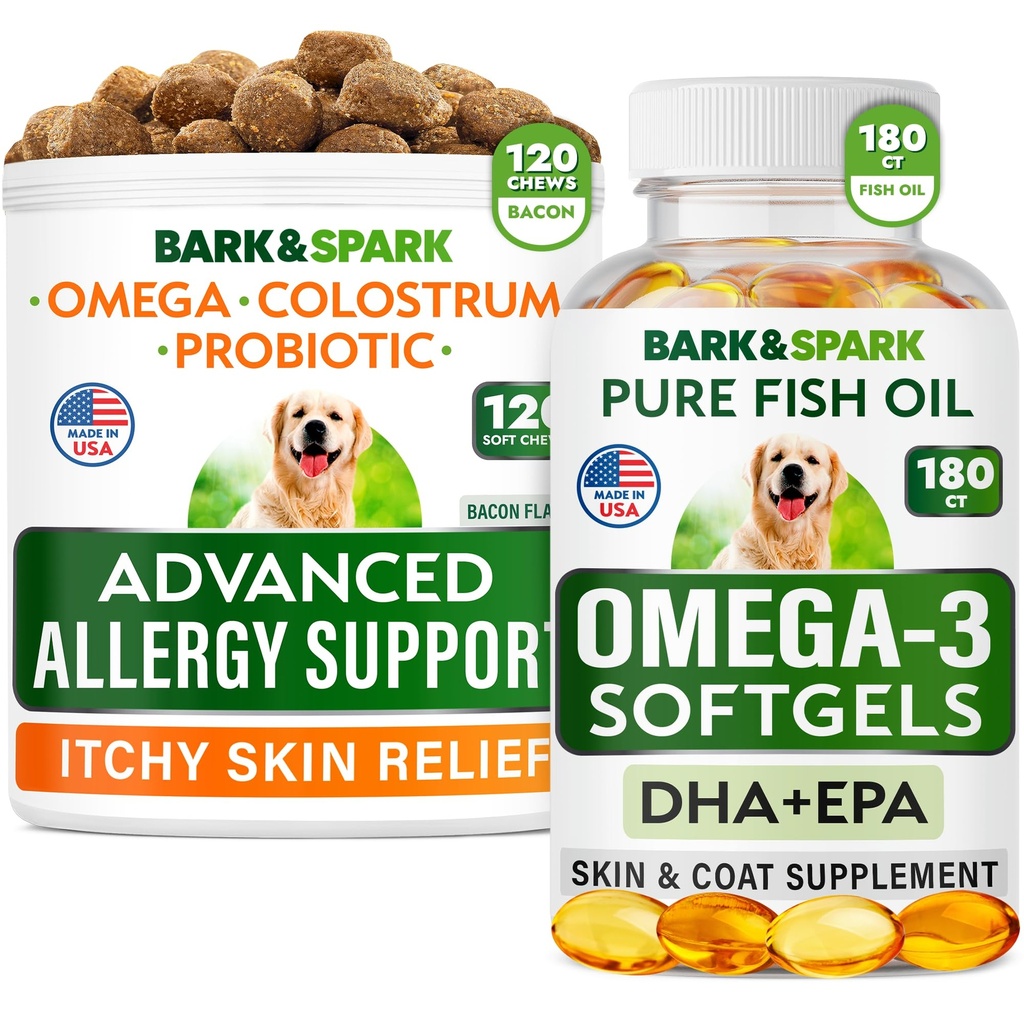 고급 개 알레르기 + 오메가 3 번들 - 이치 구호 - Probiotics w / Fish Oil Omega 3 + EPA & DHA 지방산 - 피부 알레르기 + 관절 건강 - 120 Chews + 180 Softgels - 바콘 + 생선 맛 - 미국에서 만든