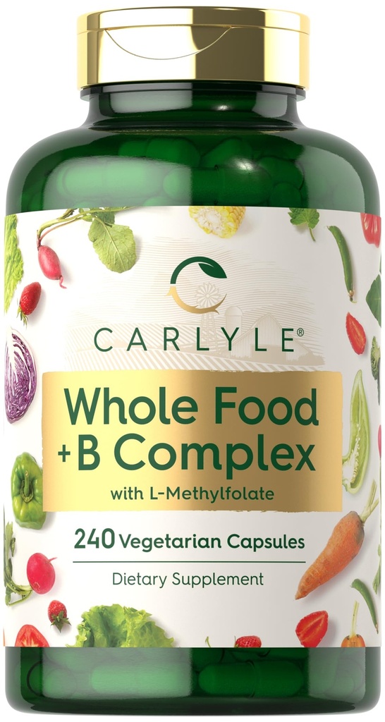 Carlyle Vitamin B Complex 전체 식품 혼합 | 240 캡슐 | 남성과 여성을 위한 일일 멀티 비타민 | B1, B2, B6, B12, Folate, Niacin, L-Methylfolate | Non-GMO & Vegetarian Supplement
