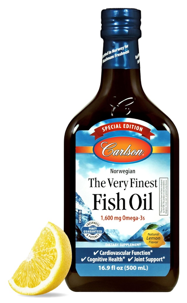 Carlson - 매우 Finest Fish Oil, 특수 Edition, 1600 mg Omega-3s, 액체 보충, 노르웨이어 물고기 오일, 야생 잡힌, 지속 가능한 Sourced Liquid, 레몬, 500 mL (16.9 Fl Oz)
