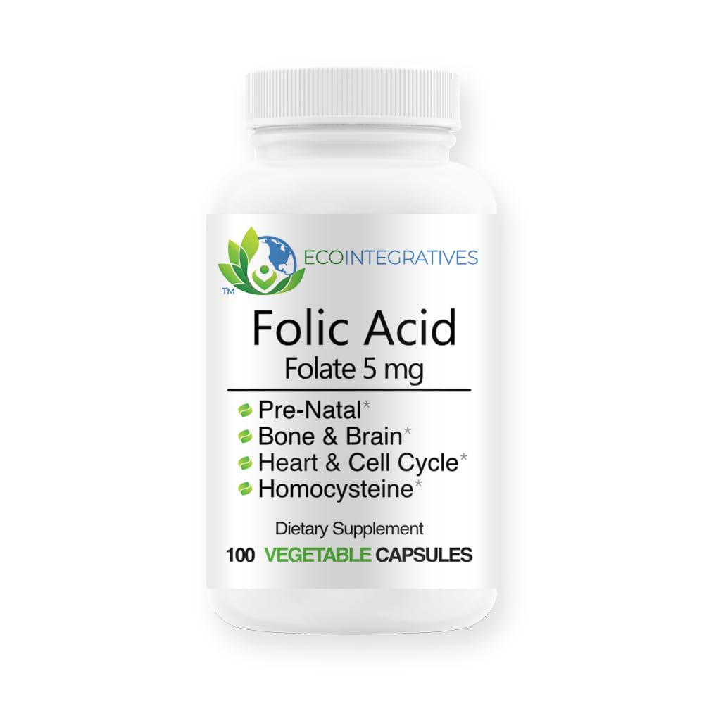 Folic 산 Folate 5mg (B9) Prenatal, Reproductive 건강, Homocysteine, Metabolism, 심장 혈관, 뼈, 면역 지원, 알레르기 무료, 비 GMO - 100 Vegan 캡슐