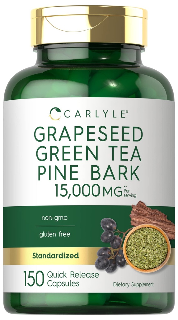Carlyle Grapeseed, 녹차, 소나무 껍질 | 15,000mg | 150 캡슐 | 비 GMO 및 글루텐 무료 보충