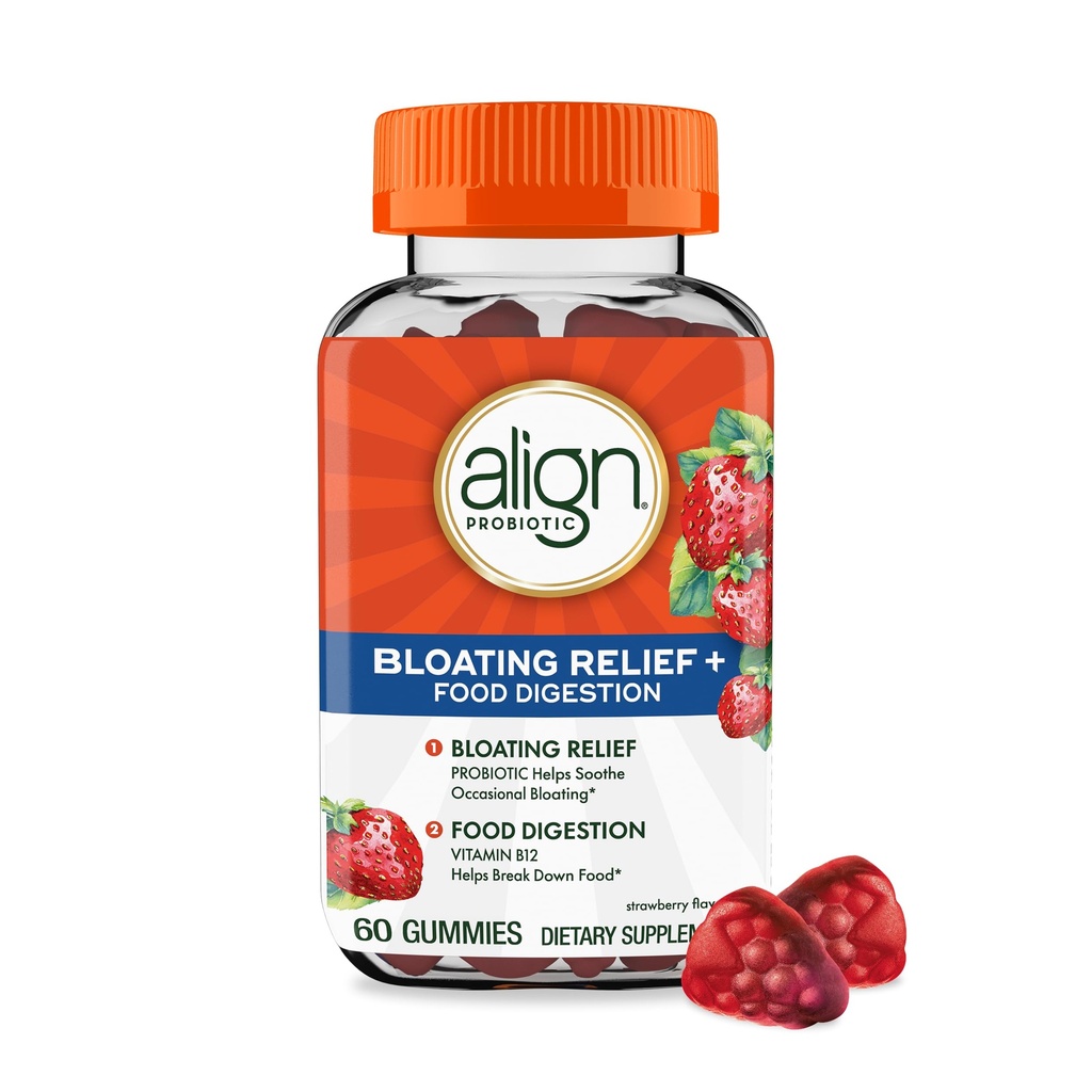 Align Probiotic, Bloating Relief + Food Digestion, 여성 및 남성을위한 Probiotics, Probiotics는 Soothe Occasional Bloating *, 비타민 B12과 함께 Cellular Energy *, 60 Gummies로 음식을 깰 수 있습니다.