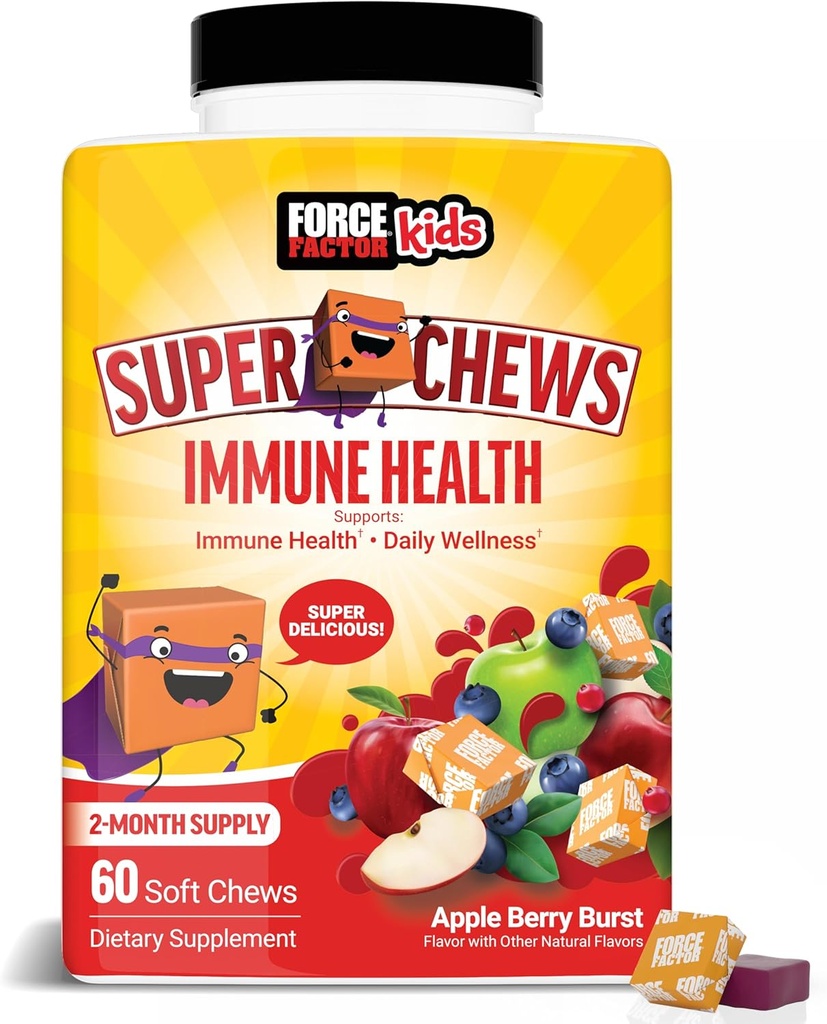 FORCE FACTOR Kids Immune Health Super Chews, 아이 면역 지원은 아이, 엘더베리, 비타민 C, & 아연, 2 개월 공급, 비 GMO, Apple Berry 맛, 60 소프트 체스에 대한 비타민 D와 보충을 지원합니다