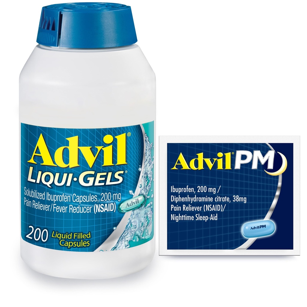 Advil Liqui-Gels Pain Reliever와 Fever Reducer, 두통, 허리 통증, 생리통 및 관절 통증 완화를위한 Ibuprofen 200mg 성인을위한 통증 의학 - 200 캡슐, Advil PM Ibuprofen - 2 Ct