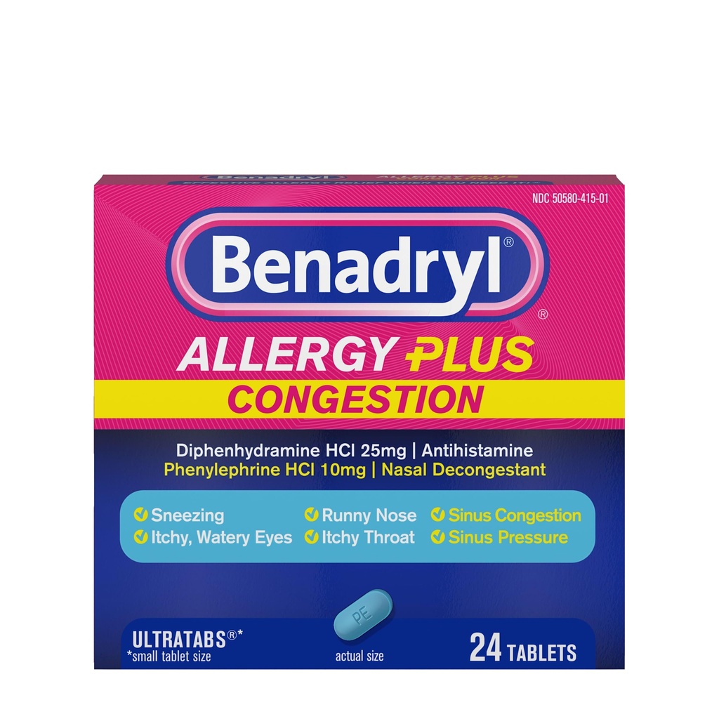 Benadryl Allergy Plus Congestion Ultratabs, Diphenhydramine HCl 항히스타민 및 Phenylephrine HCl Nasal Decongestant, 알레르기 및 Sinus Congestion 구호 정제, 24 ct와 의학