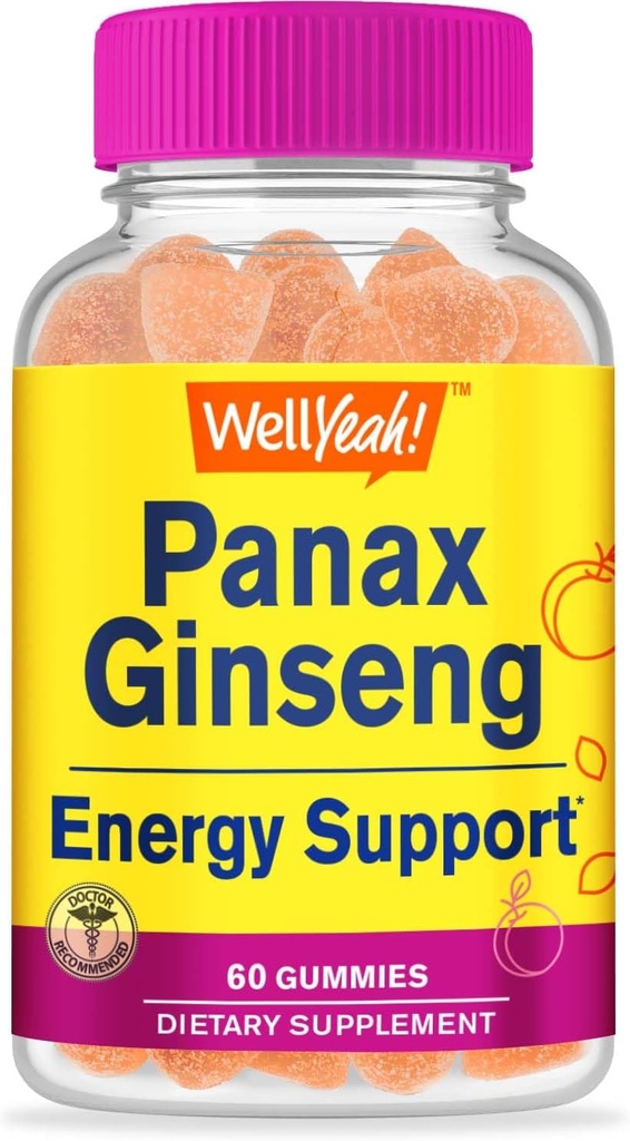 WellYeah Panax Ginseng Gummies - 봉사 당 Panax Ginseng 뿌리 추출물의 96mg - 비 GMO, 자연적인 풍미, Vegan, 글루텐 자유로운, 견과 자유로운 - 60 조사